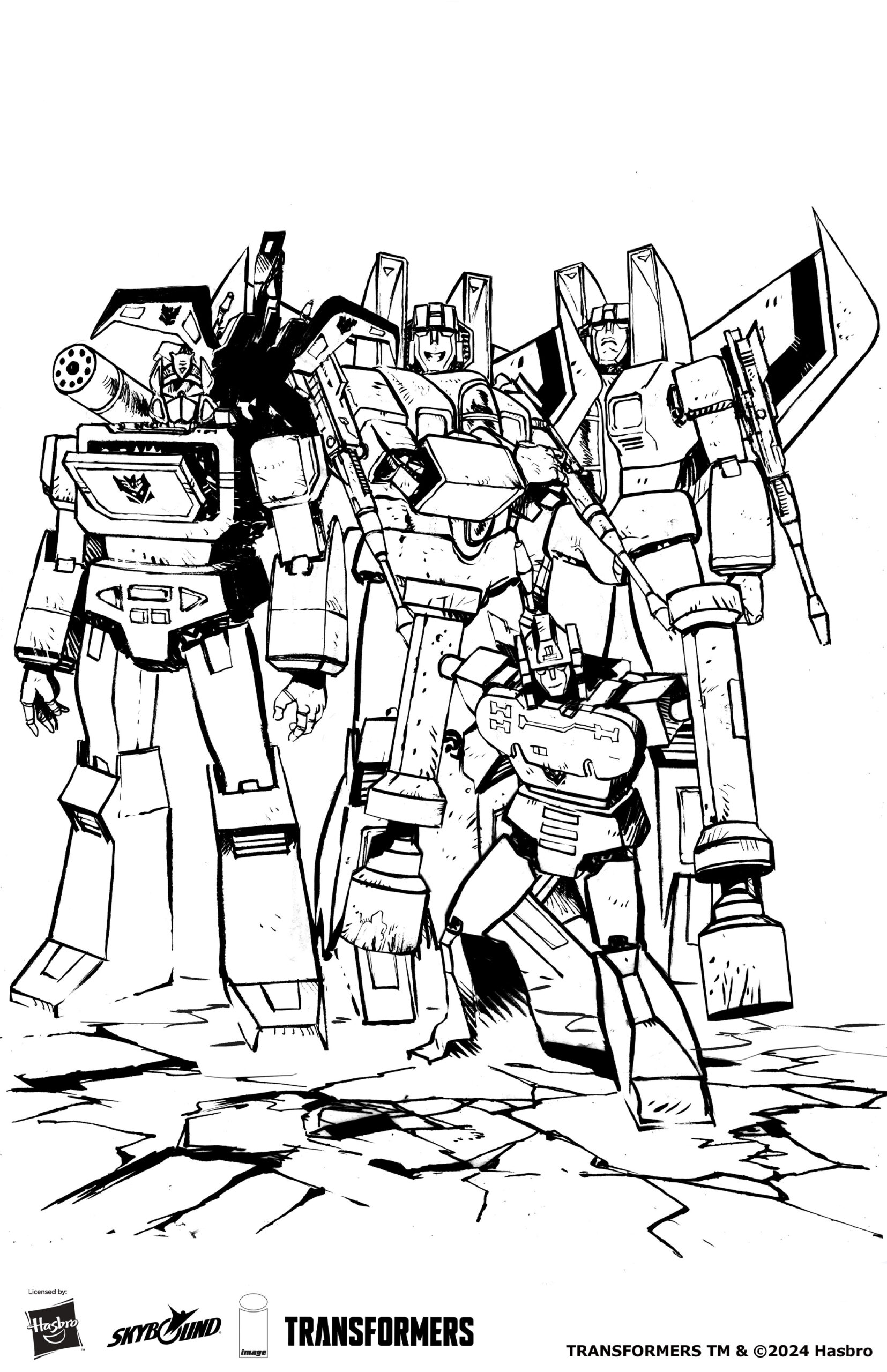 TRANSFORMERS coloring sheet featuring a group of Decepticons