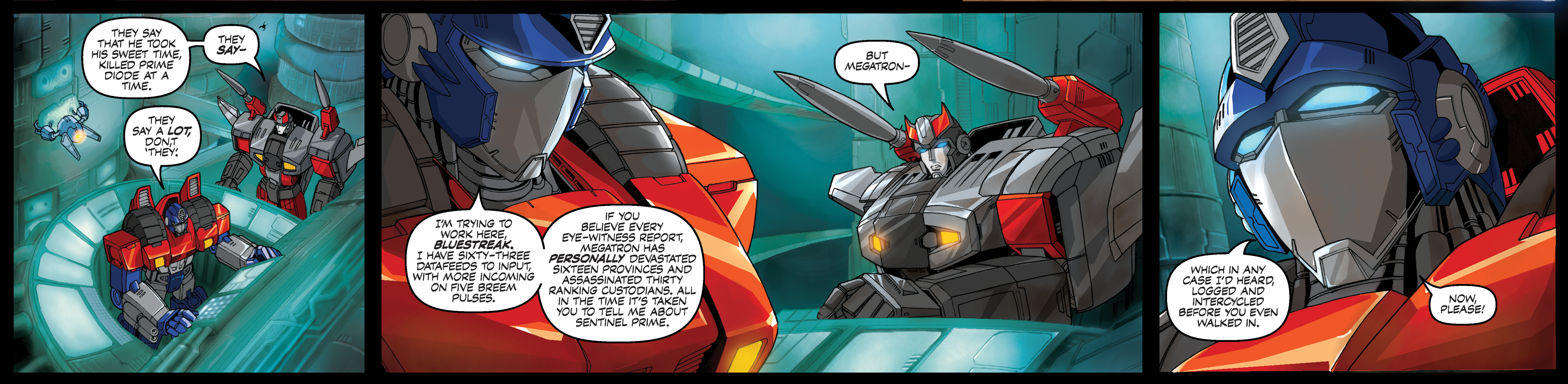 A 3-panel comic strip of Optronix (AKA Orion Pax) talking to fellow Transformer Bluestreak.