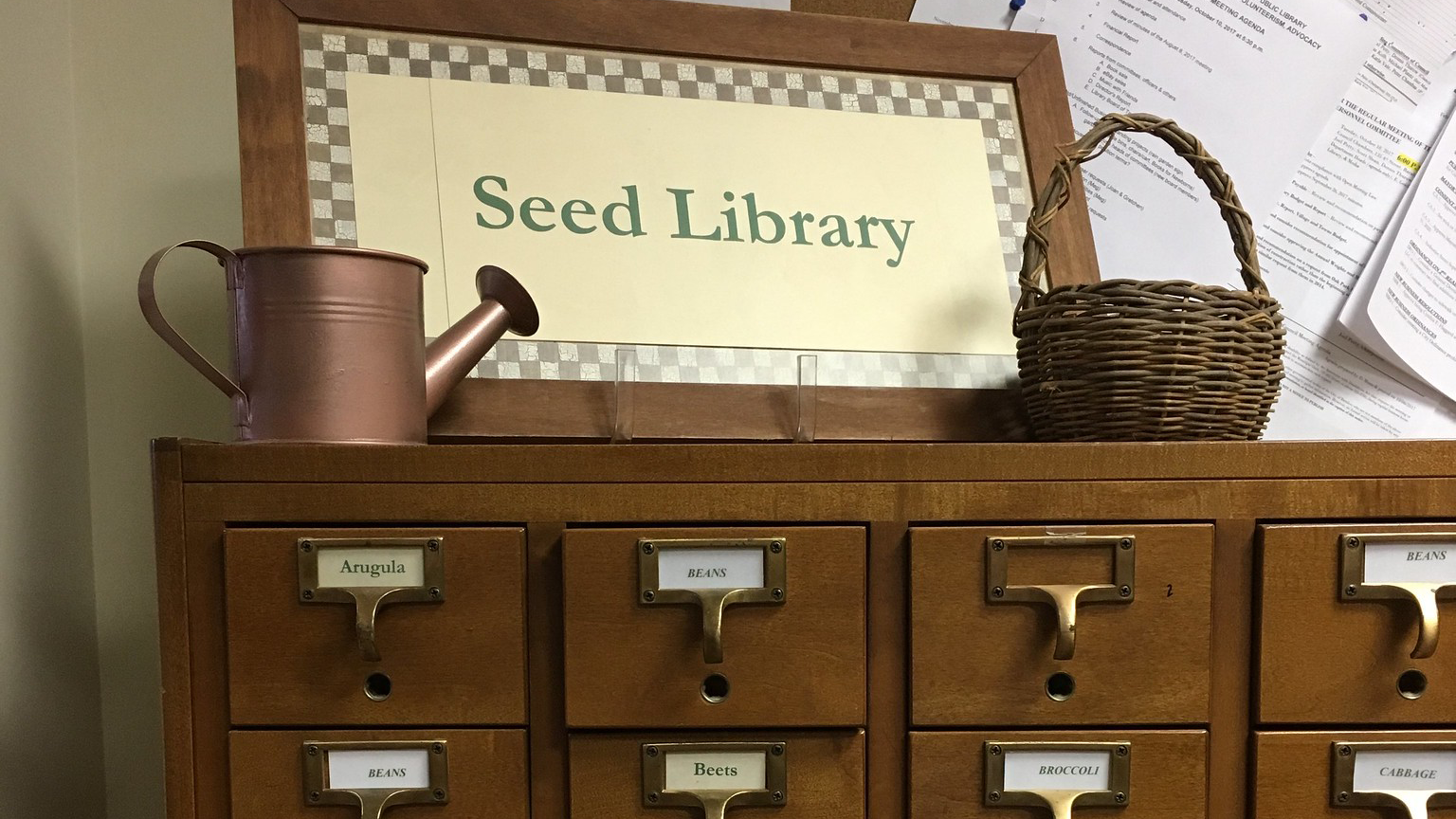 A library card catalog is used to organize seeds at a seed -lending library.