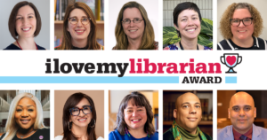 Composite of ten photos of the 2025 I Love My Librarian honorees with the award logo in the middle. From top left: Abby Armour, Charlotte Chung, Missy Creed, Jessica Gleason, Peggy Griffith. From bottom left: Candice Hardy, Analine Johnson, Theresa Quiner, Jamar Rahming, Nelson Santana.