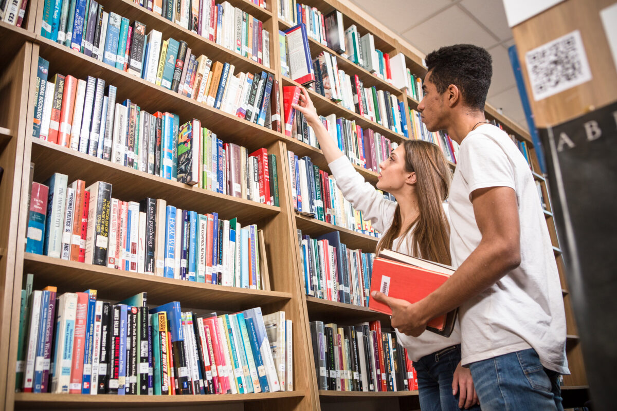 students at library