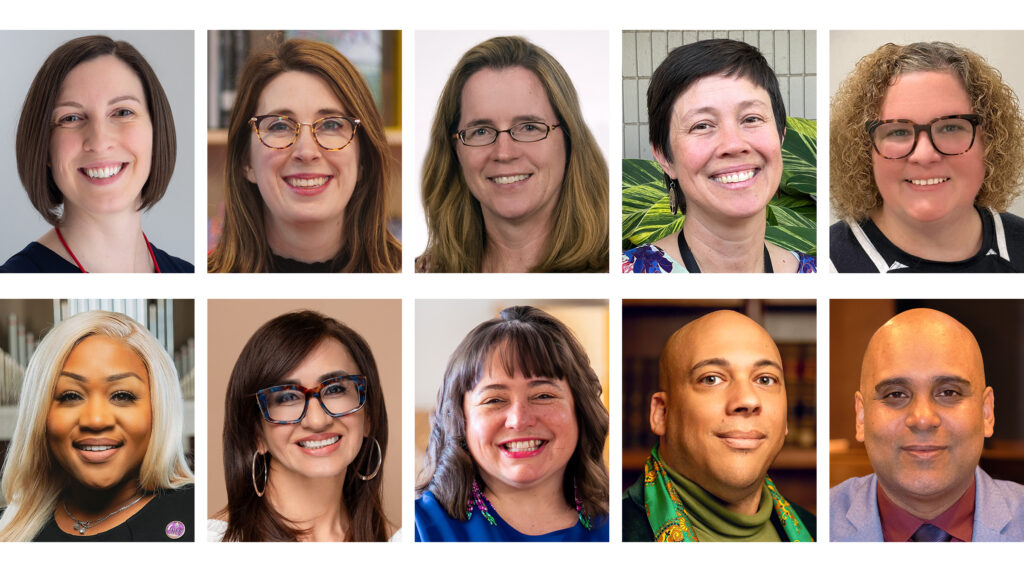 Composite of ten photos of the 2025 I Love My Librarian honorees. From top left: Abby Armour, Charlotte Chung, Missy Creed, Jessica Gleason, Peggy Griffith. From bottom left: Candice Hardy, Analine Johnson, Theresa Quiner, Jamar Rahming, Nelson Santana.