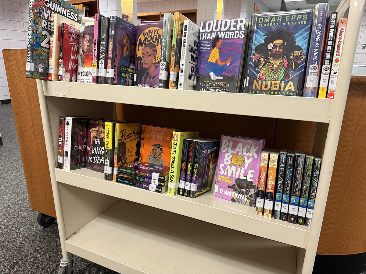 A bookcart filled with several books on display that feature characters of color.