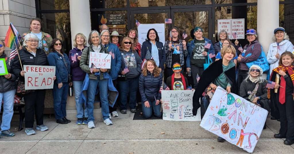 A crowd gathered at the Garfield County Public Library District (CO) holding home made signs that read "Don't Ban Books," "Save Our Books," and "Let Freedom Read."