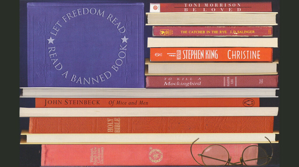 Cover of the Books Challenged or Banned in 2002-2002 list. Books, some with red spines, are stacked to produce the look of an american flag. The upper left corner (where the stars would be) says Let Freedom Read. Read a BAnned Book.