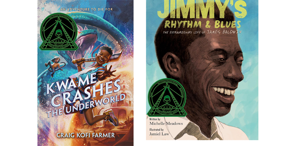 Book covers: Kwame Crashes the Inderworld, Jimmy: Rhythm and Blues: The Extraordinary Life of James Baldwin