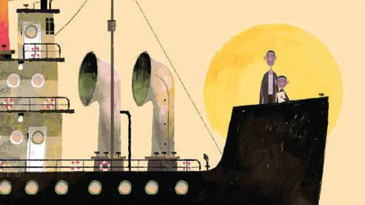 Crop of book cover: Paper Son: The Inspiring Story of Tyrus Wong, Immigrant and Artist (illustration of father and son immigrants standing on the deck of an oceanliner.