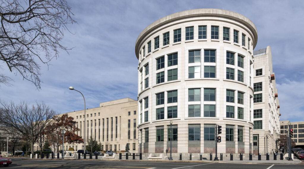 Exterior view of the historic E. Barrett Prettyman Federal Courthouse which houses the U.S. District Court and U.S. Court of Appeals for the District of Columbia Circuit, and the U.S. Foreign Intelligence Surveillance Court. Washington, D.C.