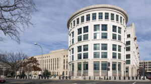 Exterior view of the historic E. Barrett Prettyman Federal Courthouse which houses the U.S. District Court and U.S. Court of Appeals for the District of Columbia Circuit, and the U.S. Foreign Intelligence Surveillance Court. Washington, D.C.