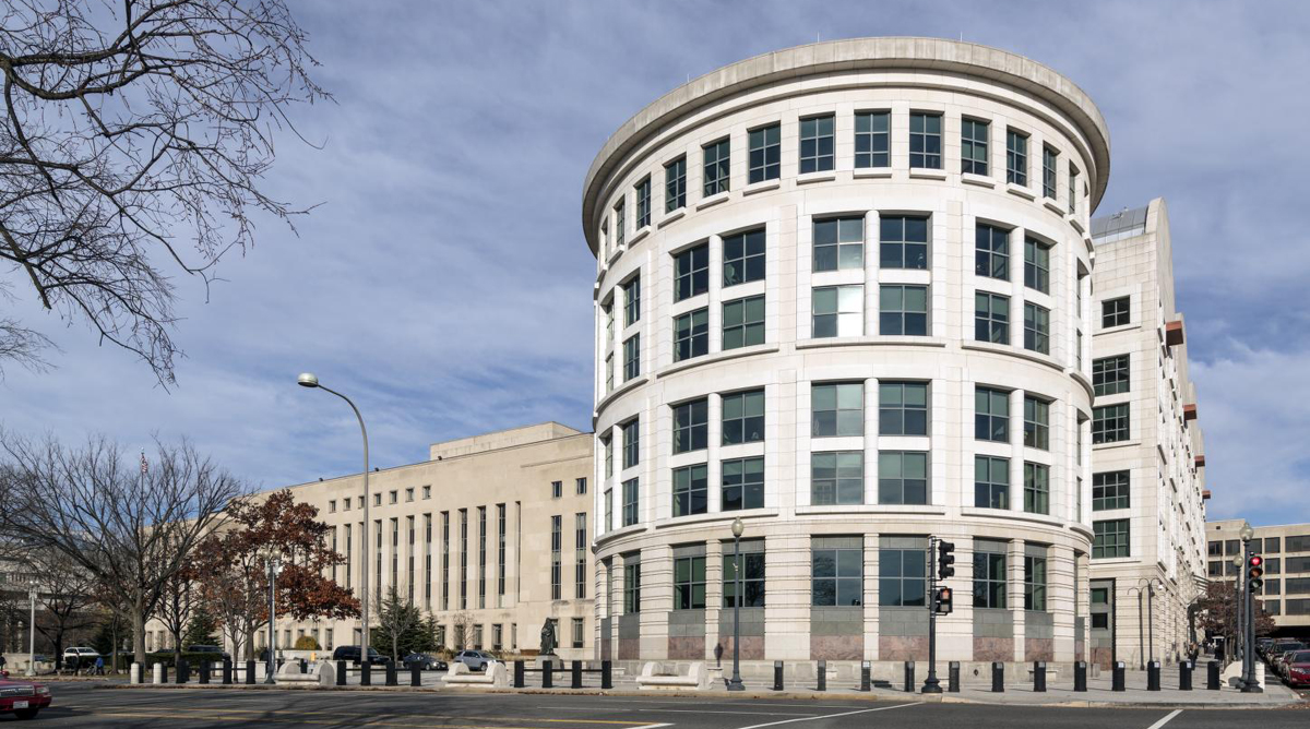 Exterior view of the historic E. Barrett Prettyman Federal Courthouse which houses the U.S. District Court and U.S. Court of Appeals for the District of Columbia Circuit, and the U.S. Foreign Intelligence Surveillance Court. Washington, D.C.