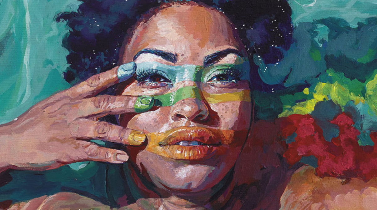 Cropped book cover: Painting of a young Black woman painting rainbow stripes on her face.
