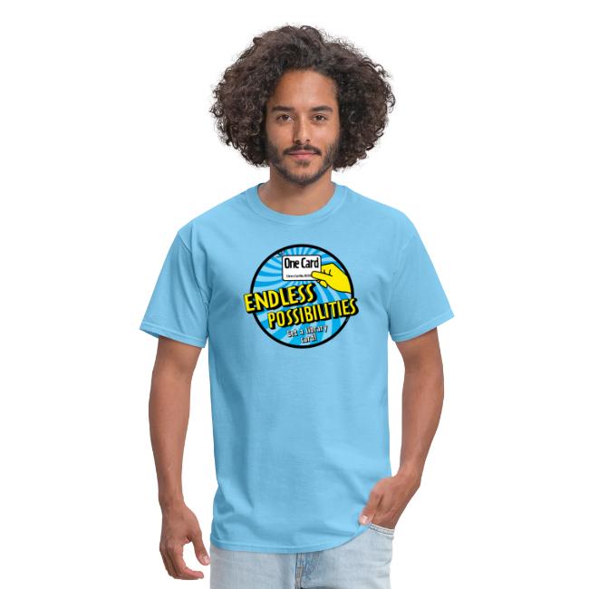 Man wearing a shirt with graphic that reads "One Card, ENDLESS POSSIBILITIES. Get a Library card!"