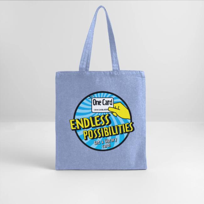 Tote bag with graphic that reads "One Card, ENDLESS POSSIBILITIES. Get a Library card!"