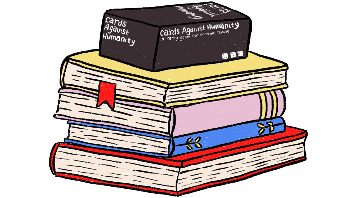 Graphic of Cards Against Humanity game on books