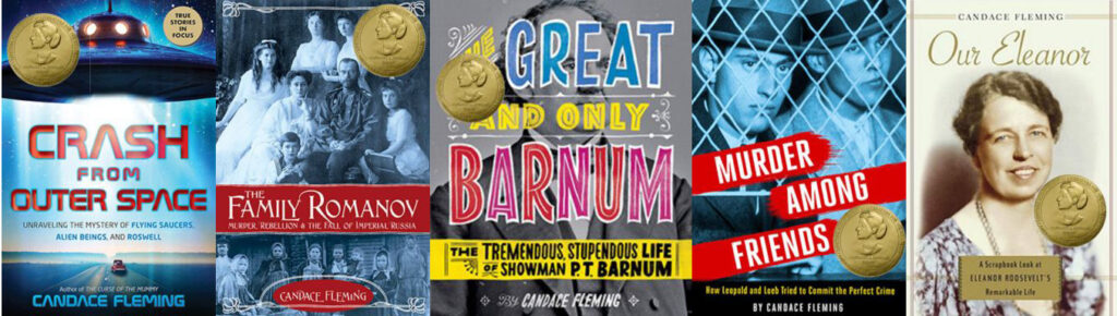 Book covers: for “Amelia Lost: The Life and Disappearance of Amelia Earhart,” “Crash From Outer Space: Unraveling the Mystery of Flying Saucers, Alien Beings, and Roswell,” “The Family Romanov: Murder, Rebellion, and the Fall of Imperial Russia,” “The Great and Only Barnum: The Tremendous, Stupendous Life of Showman P. T. Barnum,” “Murder Among Friends: How Leopold and Loeb Tried to Commit the Perfect Crime,” “Our Eleanor: A Scrapbook Look at Eleanor Roosevelt's Remarkable Life,”