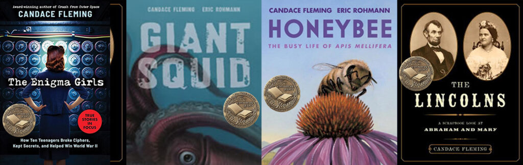Book covers: “Honeybee: The Busy Life of Apis mellifera,” “The Enigma Girls: How Ten Teenagers Broke Ciphers, Kept Secrets, and Helped Win World War II,” THe Lincolns: A scrapbook Look at Abraham and Mary," and Giant Squid."