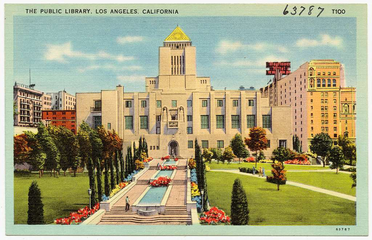 A vintage postcard of Los Angeles Public Library's Central Library