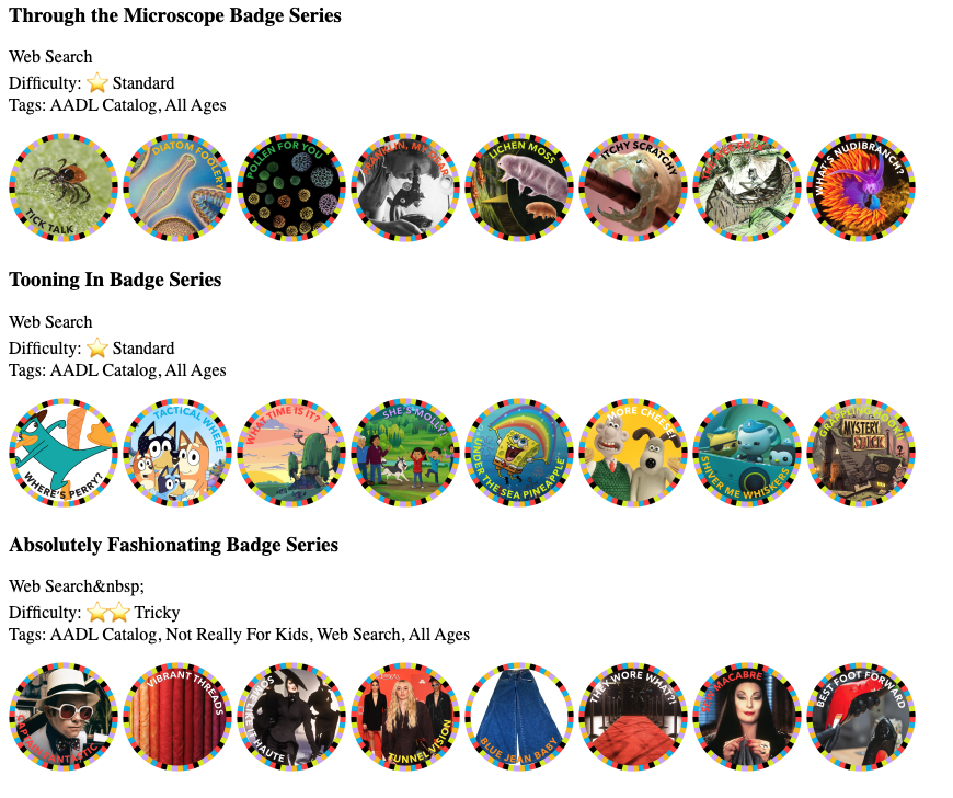A selection of the digital badges Summer Game players could earn in 2025. Players are given clues that lead to particular catalog records with codes that are embedded in them. When players find all of the codes associated with the badge, they earn the digital image (and get a points bonus).