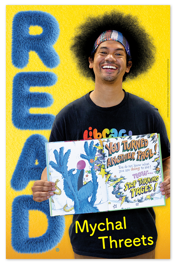 READ poster featuring Mychal Threets holding a copy of the book "The Monster at the End of this Book"