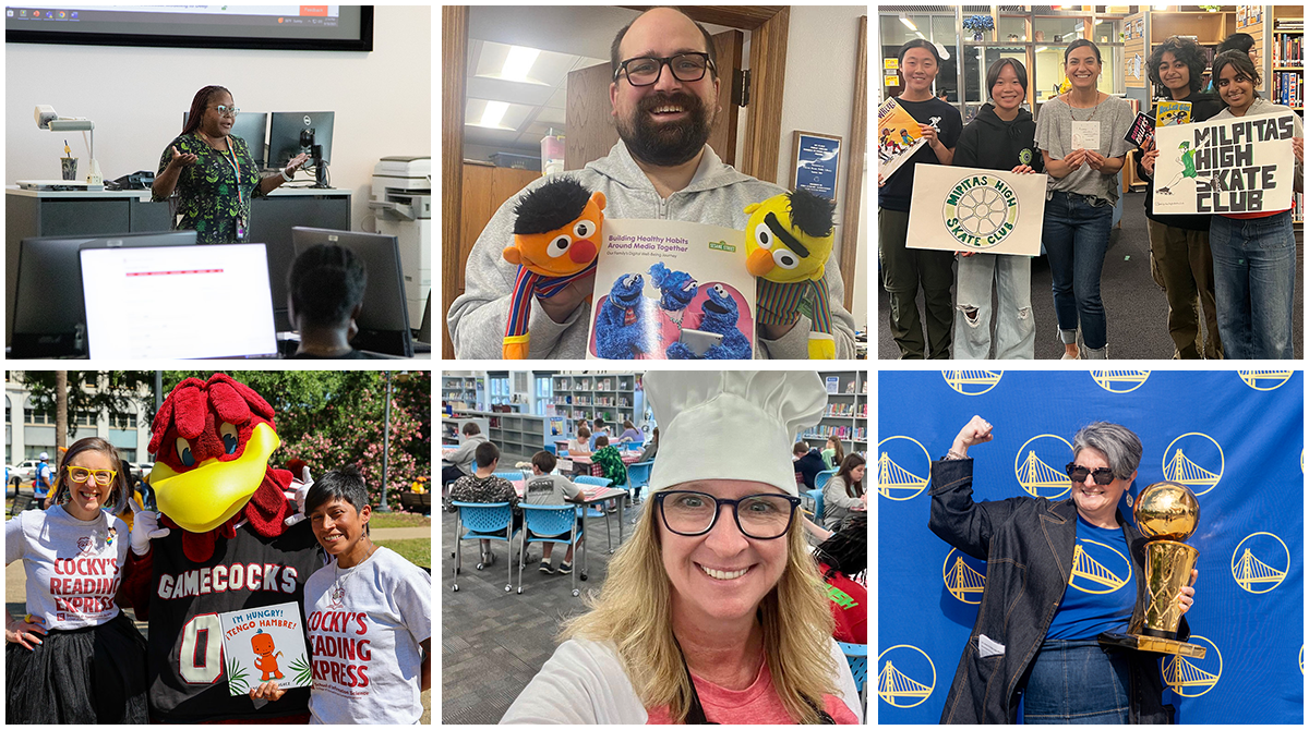Composite of six photos featuring I Love My Librarian Award winners. From left to right: Top: Mahasin Ameen teaching in front of a class; Zachary Stier holding muppets Bert and Ernie; Mia Gittlen with students from the Milpitas High Skate Club; Bottom: Valerie Byrd Fort with University of South Carolina mascot Cocky; Jenny Cox in a chef's hat during a book tasting program; Deb Sica holding a trophy