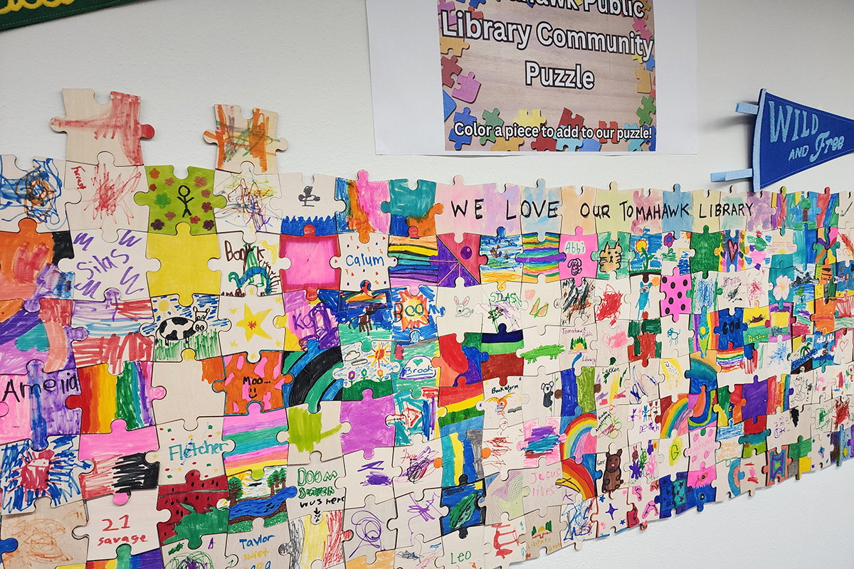 Photo of a community puzzle with an array of different puzzle pieces on a wall. Puzzle pieces at the top say "WE LOVE OUR TOMAHAWK LIBRARY"