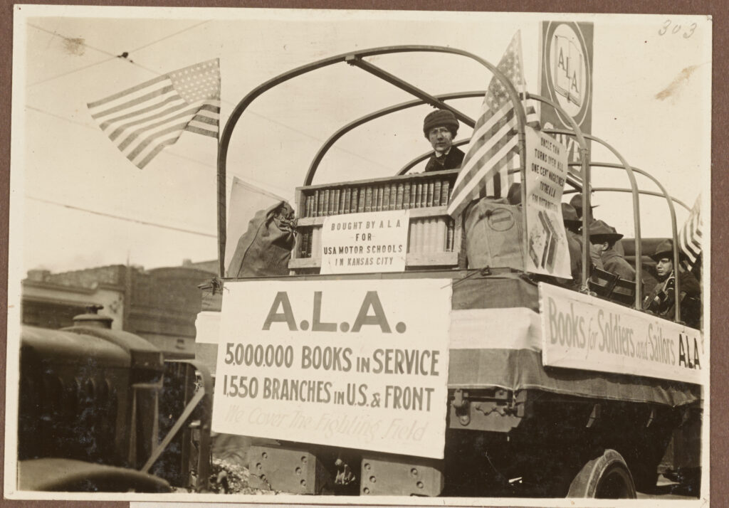 American Library Association parade float with servicemen riding inside for the United War Work Campaign; Kansas City, November 9, 1918, from the ALA Archives.