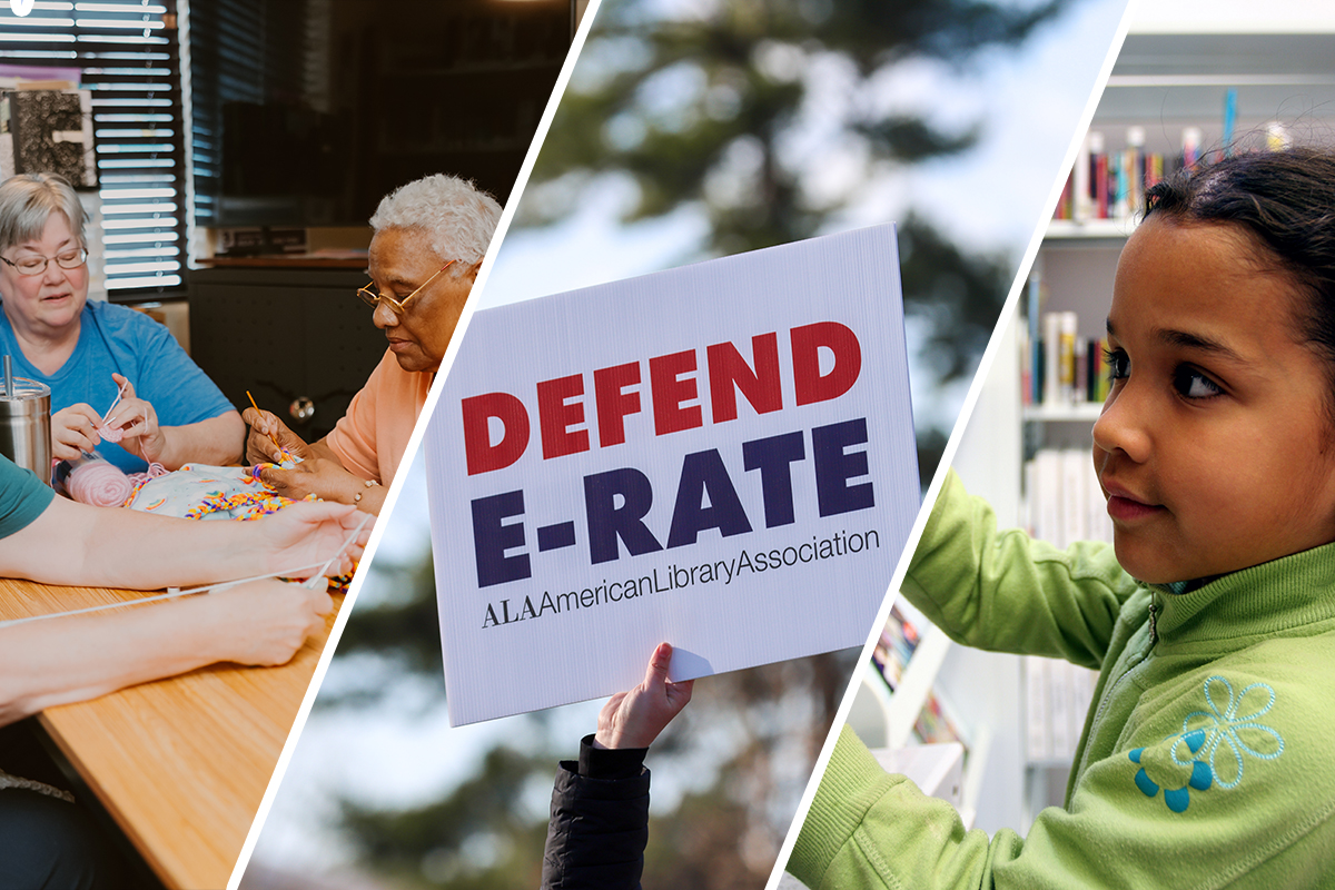 Three photos compiled together. From left to right: a group of older library patrons knit at a table; a hand holds up a sign that reads "DEFEND E-RATE American Library Association; a young girl browses a bookshelf