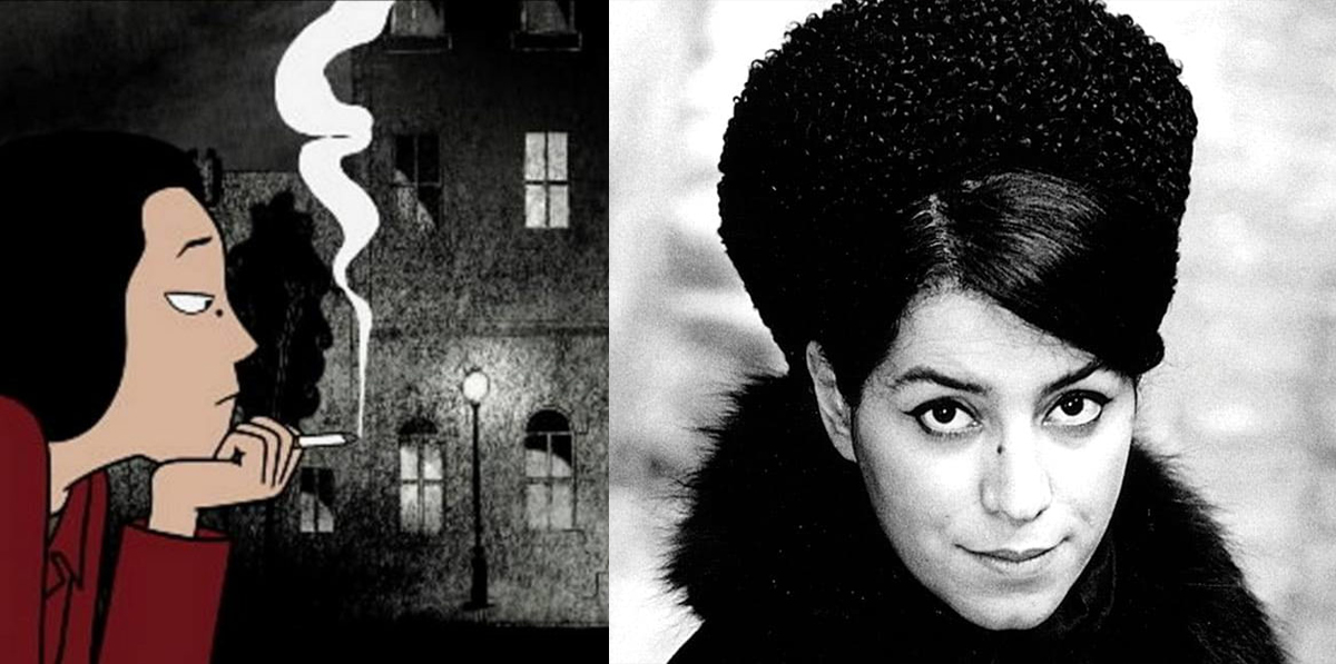 A still from Persepolis (left), Marjane Satrapi (right)
