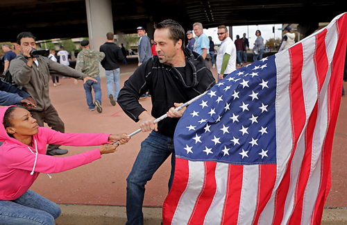 "Ferguson protestor" by David Carson, St Louis Post-Dispatch, 2015, winner of the 2015 Pulitzer Prize for Breaking News Photography.