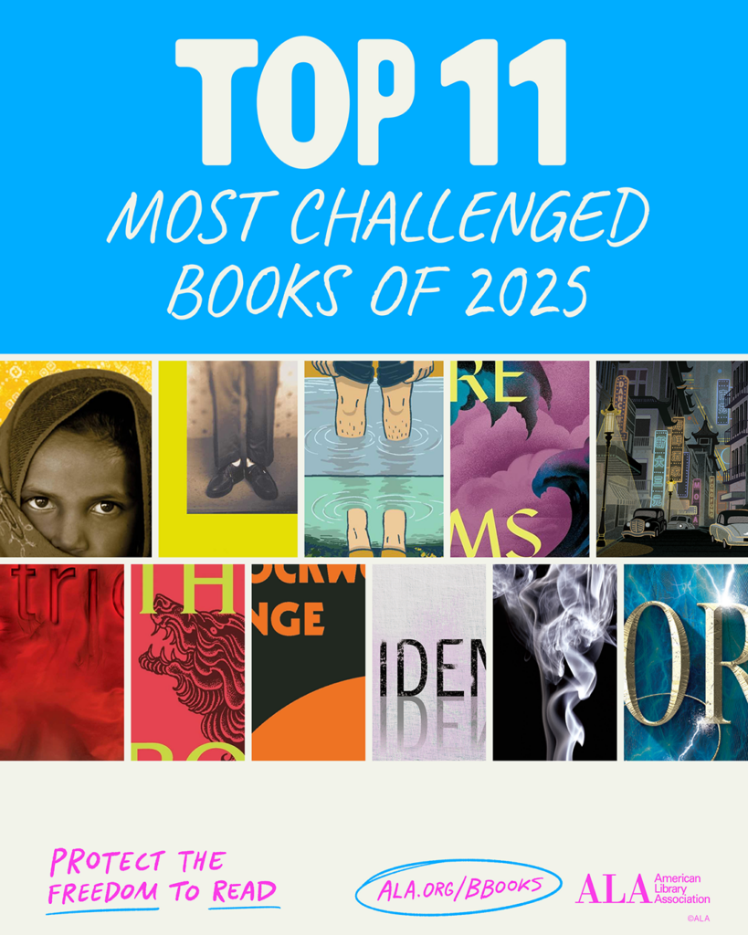 Top 11 Most Challenged Books of 2025: Close-up crops of 11 book covers. "Protect the freedom to read. ala.org/bbooks" American Library Association