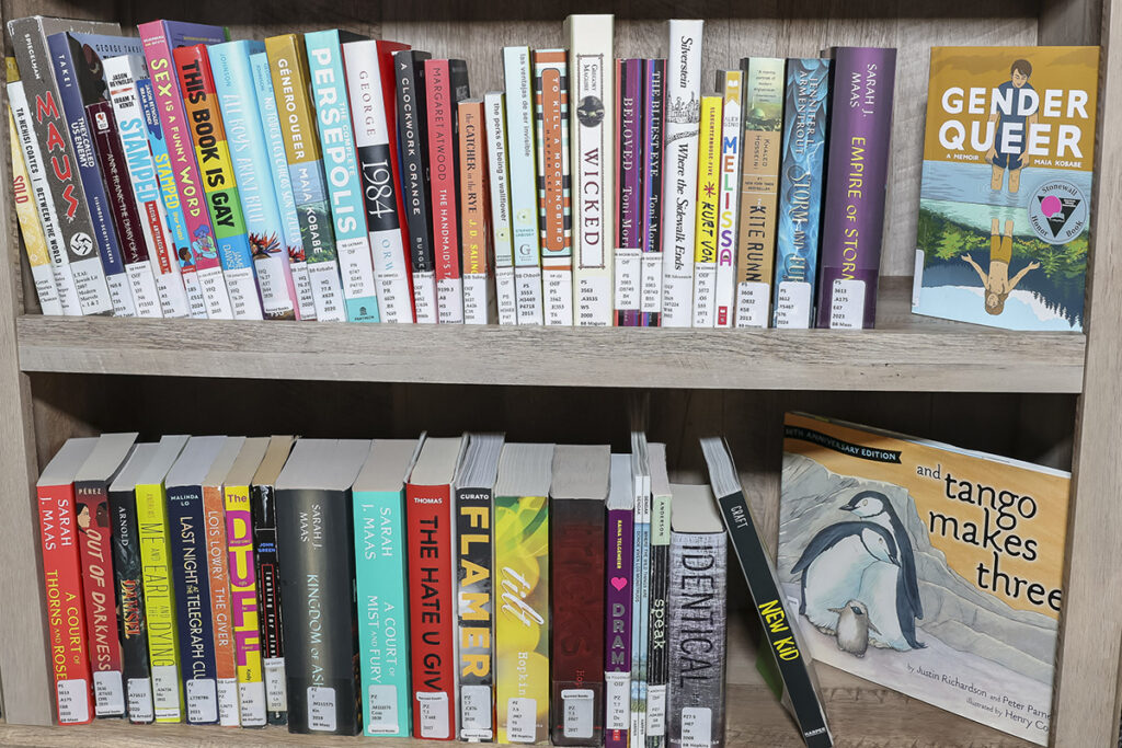 A bookshelf of historically banned and challenged books on display at the 2026 ALA Annual Conference in Chicago.