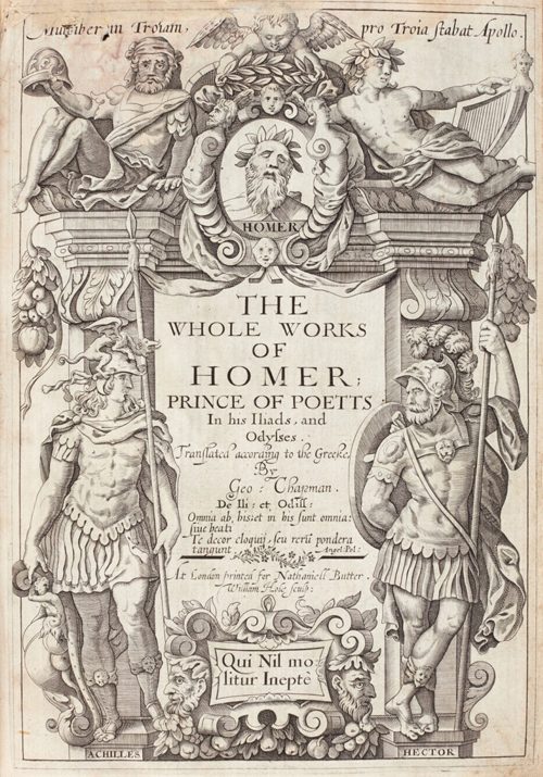 The title page of George Chapman’s 1616 book, “The Whole Works of Homer,” the first translation of the Greek poet into English.