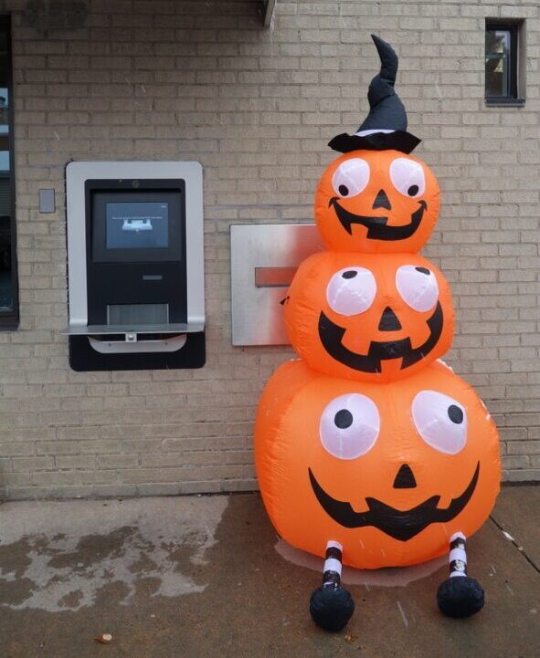 nflatable Jack O' Lanterns outside of the library.